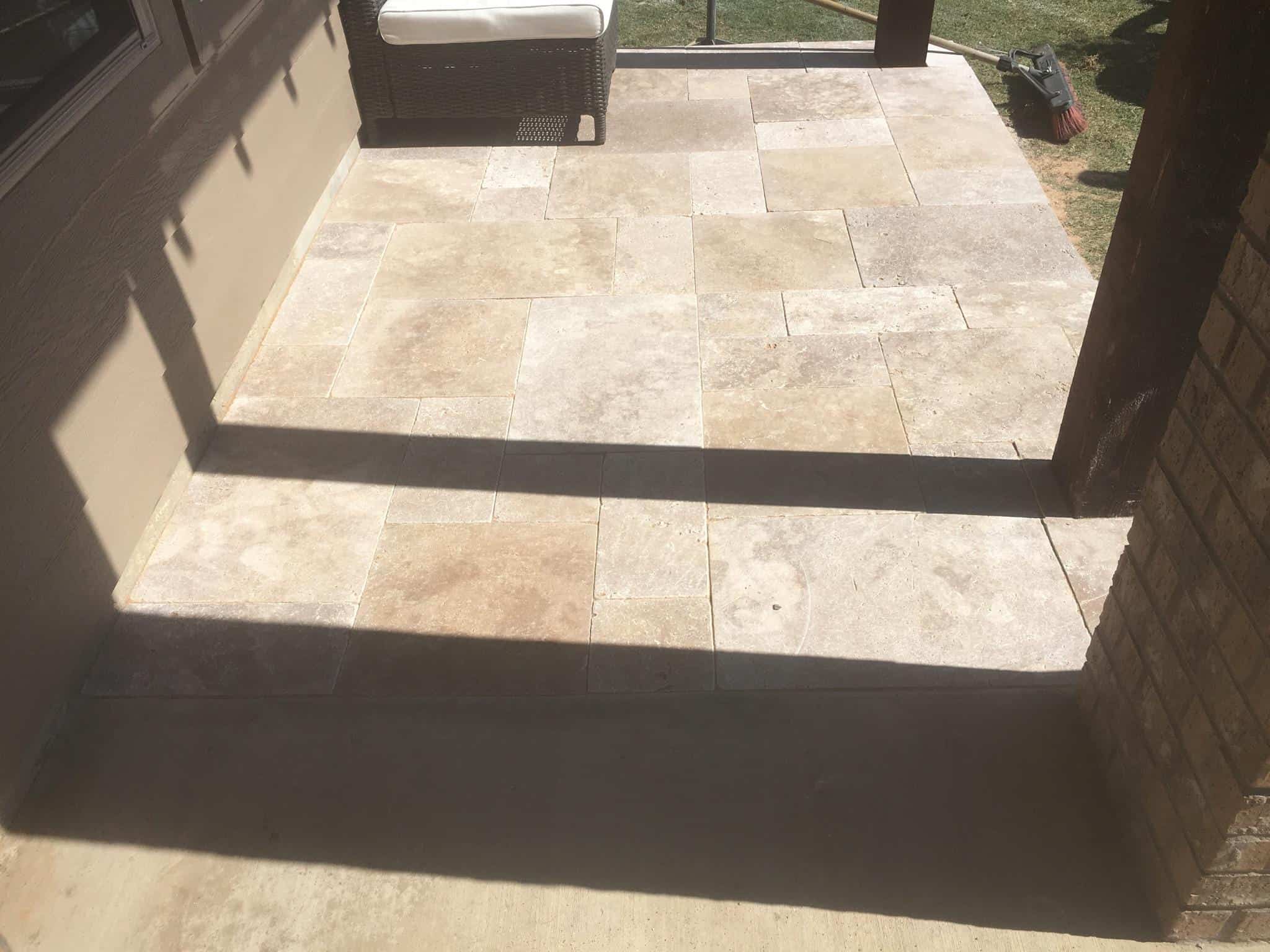 Stamped decorative concrete patio with cedar fence Carrollton TX