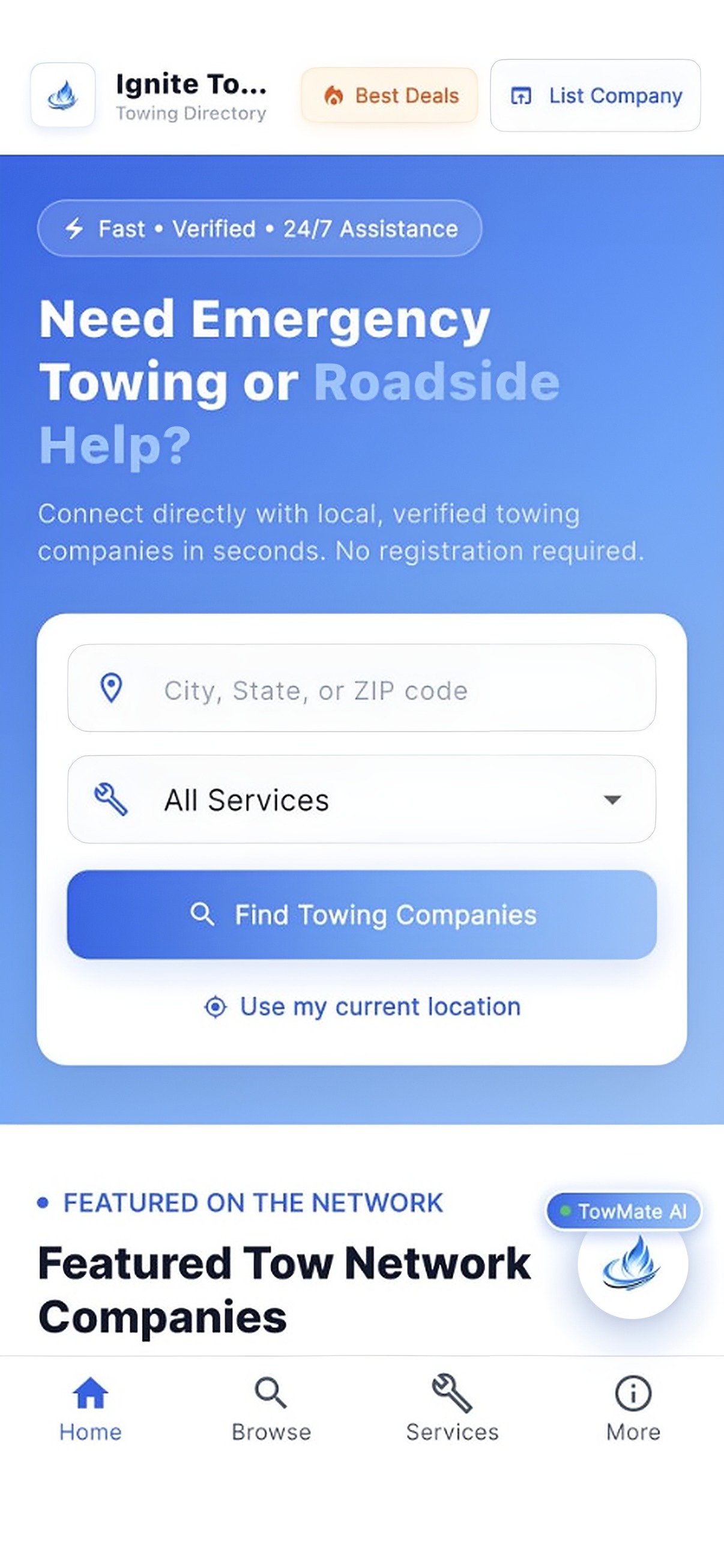 The Ignite Tow Network app's home screen