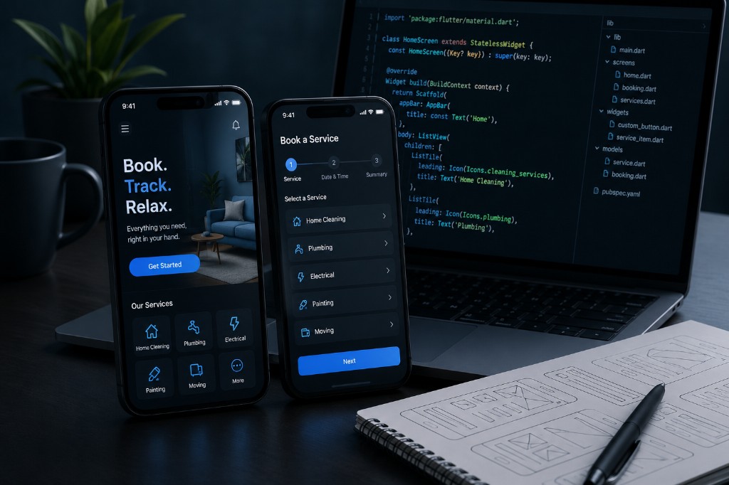 Mobile app development workspace with smartphones, wireframes, and code